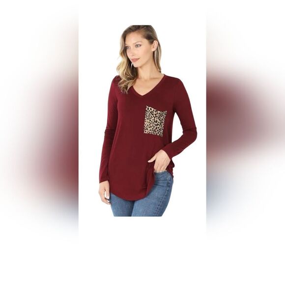 Zenana Burgundy Leopard Pocket Top - Picture 1 of 8